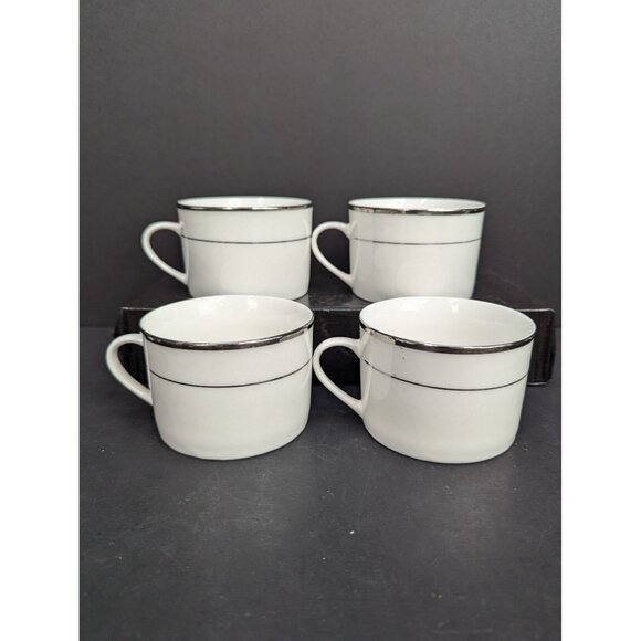 HausenWare White Porcelain Flat Coffee/Tea Cup 8 Oz Silver Rim Set of 4 - Picture 4 of 9